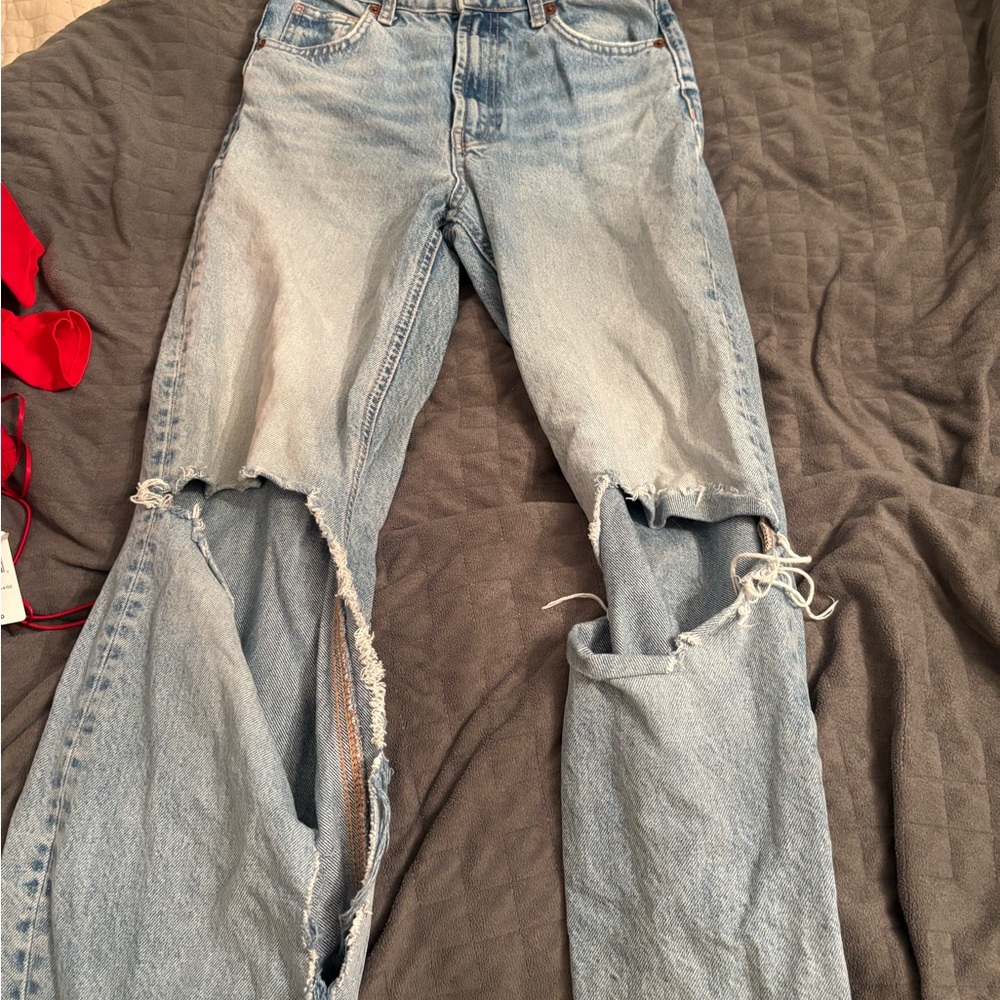 Zara Blue Straight Leg Jeans with Distressed Details